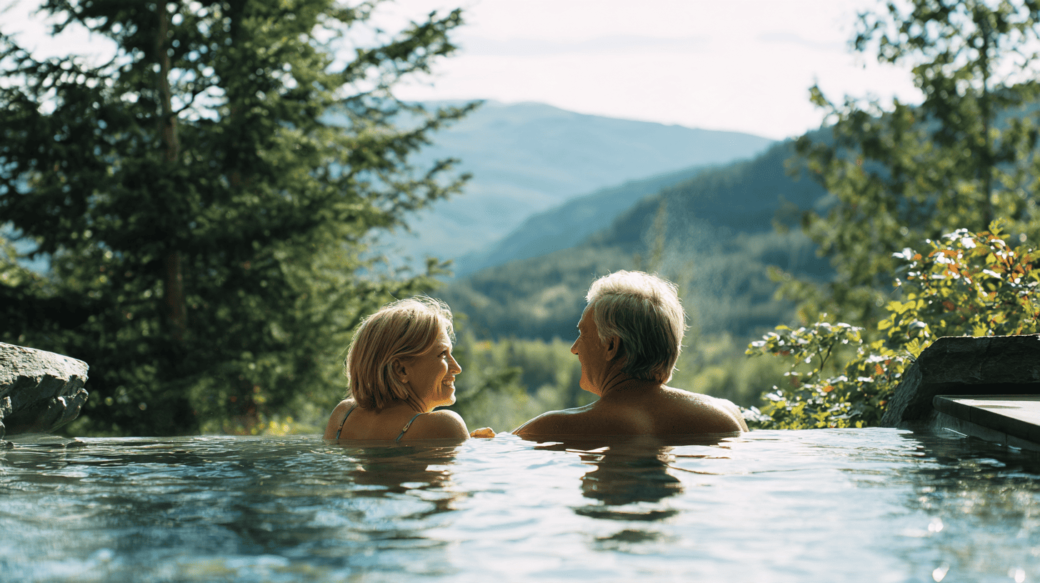 A mother and her adult son relaxing in an outdoor cedar-wood hot spring bath at a mountain inn in bright morning sun, shoulders above the water