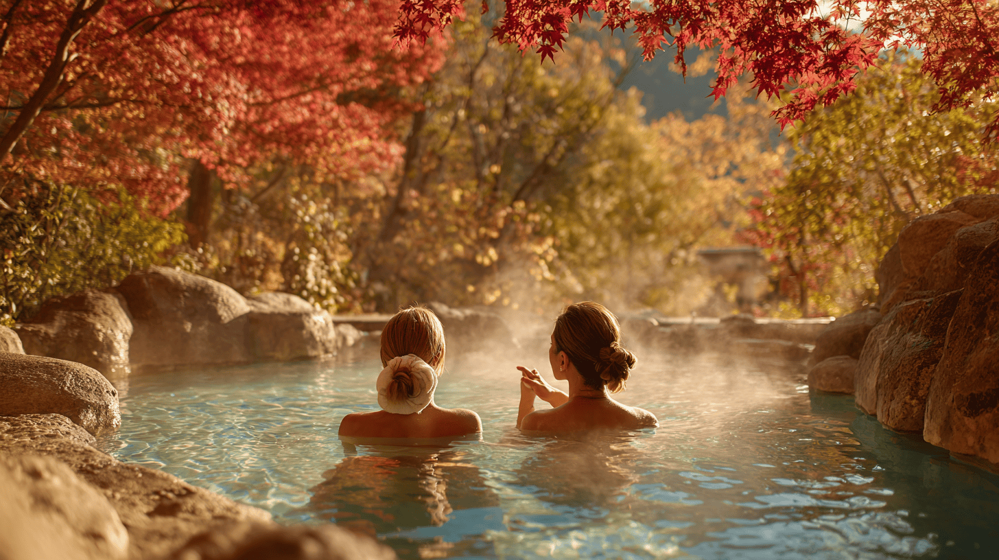 The ryokan experience at its calmest: two women friends of different ages in an outdoor rock hot spring bath framed by autumn maples, shoulders above the water