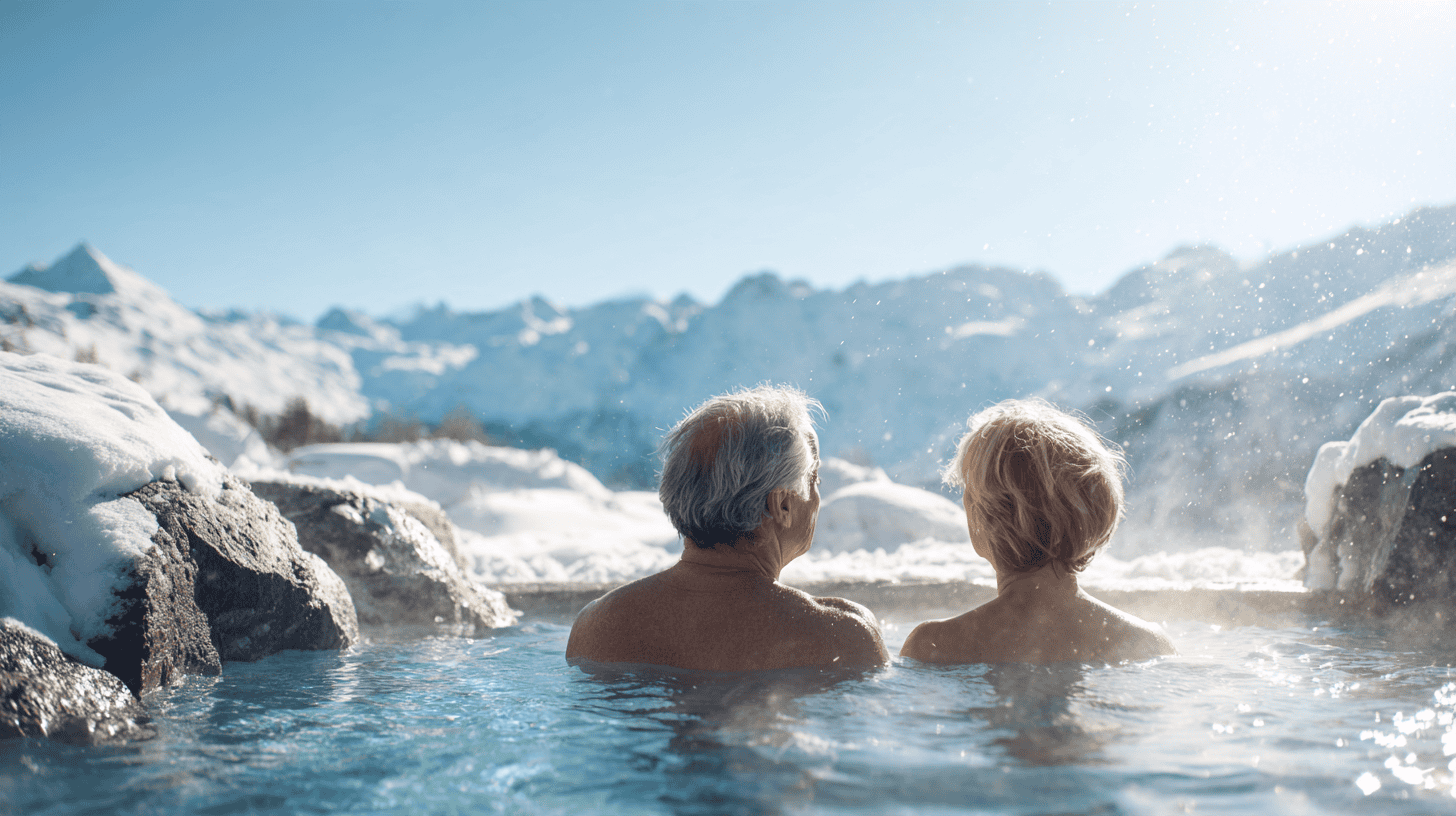 An older man and a younger woman relaxing in an outdoor rock hot spring bath with fresh snow on the rocks under a bright blue winter sky, shoulders above the water