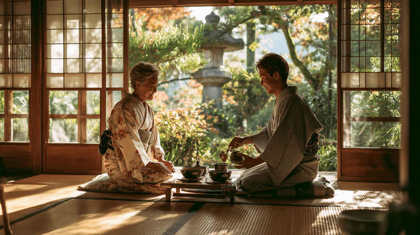 The ryokan experience begins with tea: a host in a grey kimono serving an arriving guest in a tatami room open to a sunny garden