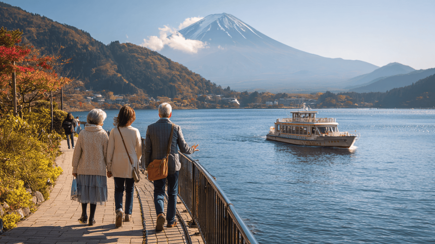 An onsen wellness itinerary day in Hakone: a grandmother, her grown son and a teenage granddaughter walking a lakeside path on a clear autumn morning