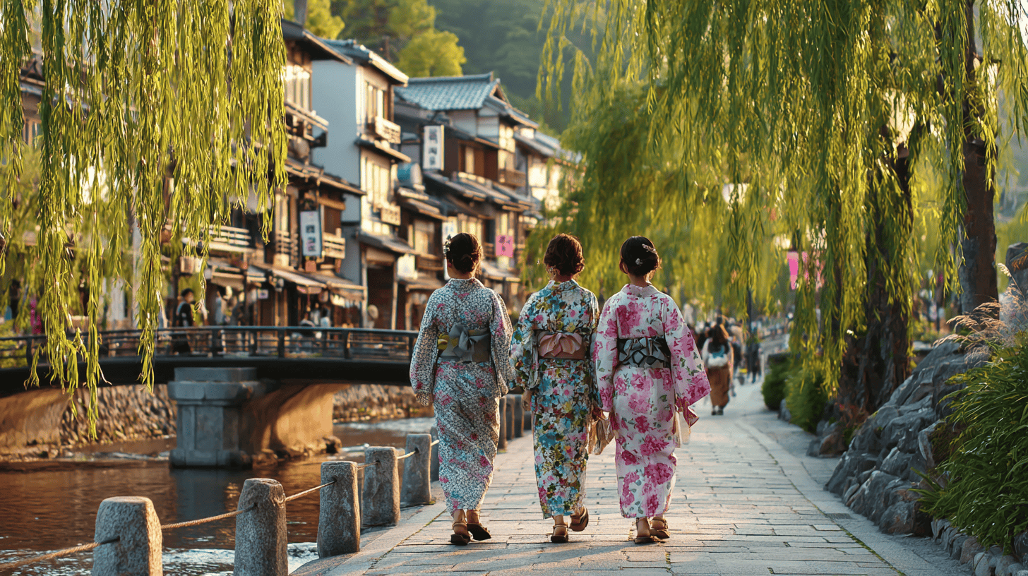 Three friends in patterned cotton yukata and wooden geta strolling a willow-lined canal in Kinosaki, a classic stop on an onsen wellness itinerary