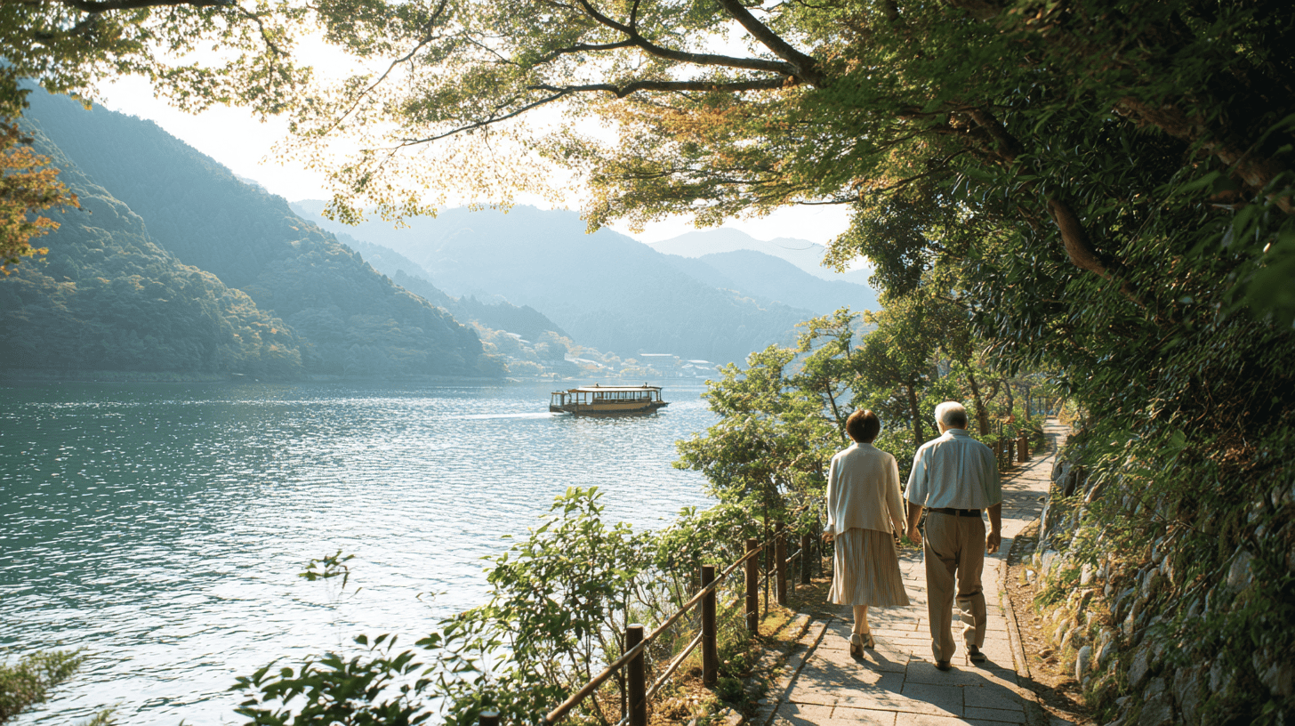 An older couple walking a sunlit mountain lakeside path on the final morning of an onsen wellness itinerary