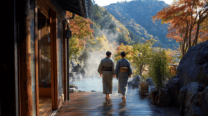 Two people in kimonos walking along a wooden path by a steaming hot spring in autumn.