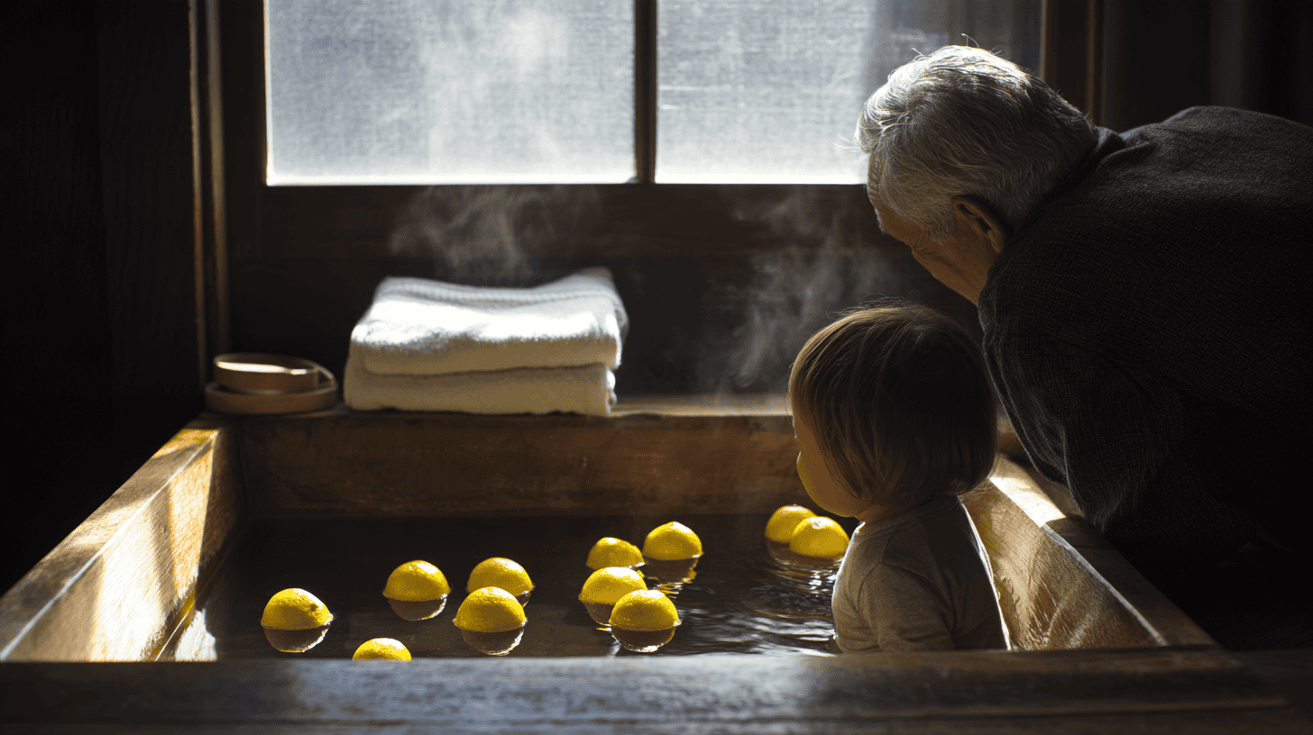 A grandfather and a young child floating whole yuzu fruit in a steaming wooden bath