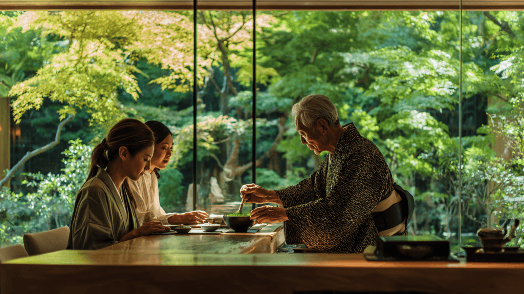 An older host serving tea to two guests in a garden