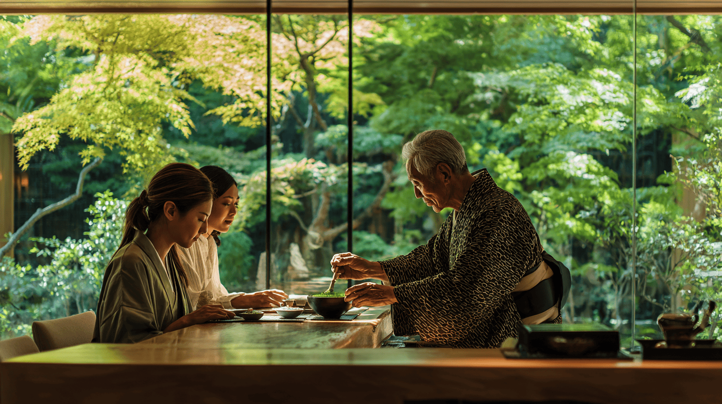 A host and a guest sharing matcha at a low wooden counter beside a sunlit maple garden