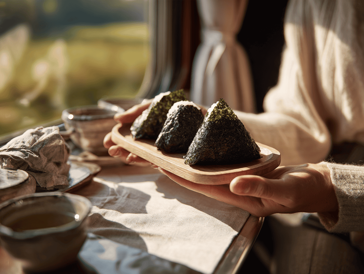 Hands offering a small wooden plate of three triangular onigiri rice balls wrapped in crisp nori to a travel companion across a train window table, sunlit countryside passing outside