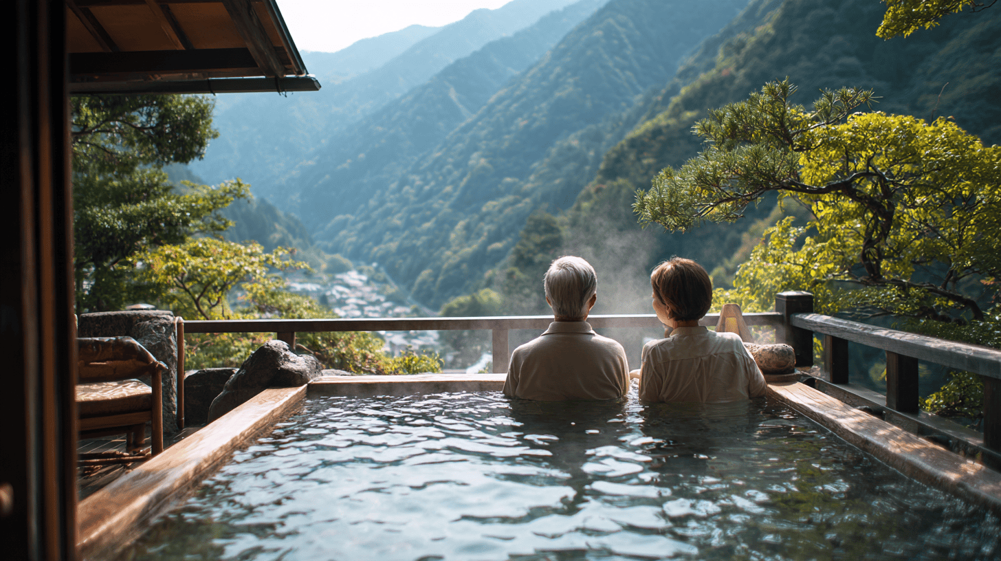 Private tours in Japan: a couple in their fifties relaxing in a private cedar open-air bath on a Japanese inn terrace, shoulders above the water
