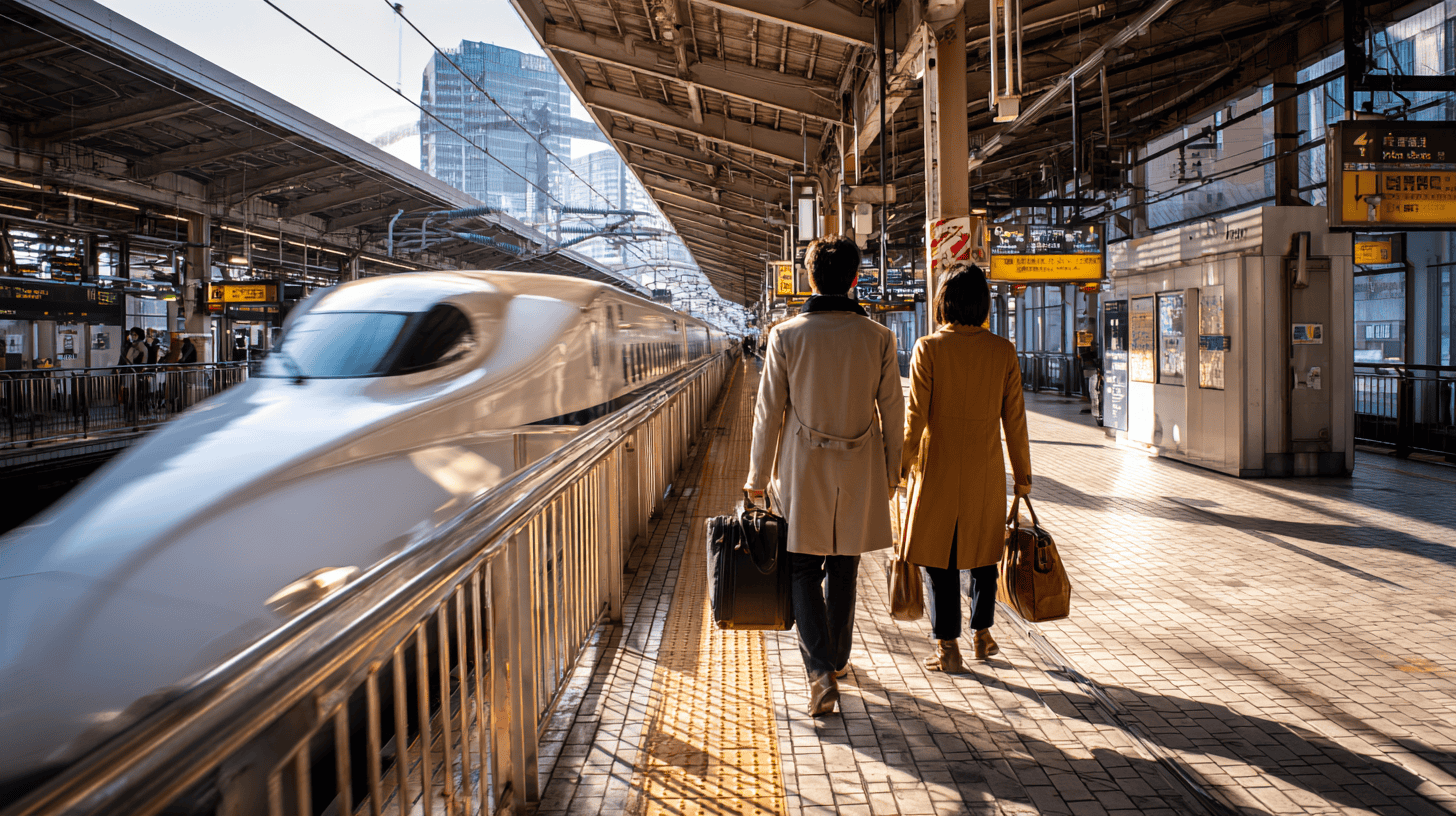 Private tours in Japan by rail: two friends in their thirties walking along a bright Tokyo train platform with carry-on cases as a white bullet train glides in