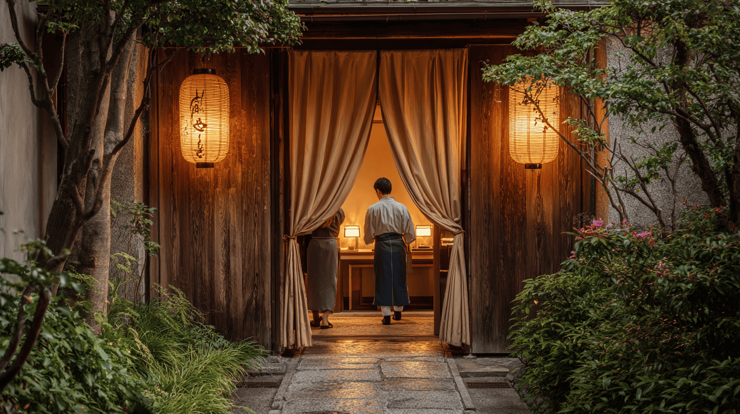 A host in a linen apron bowing in welcome as a couple in their forties arrive at the curtained wooden entrance of a traditional Japanese restaurant at golden hour, a paper lantern glowing