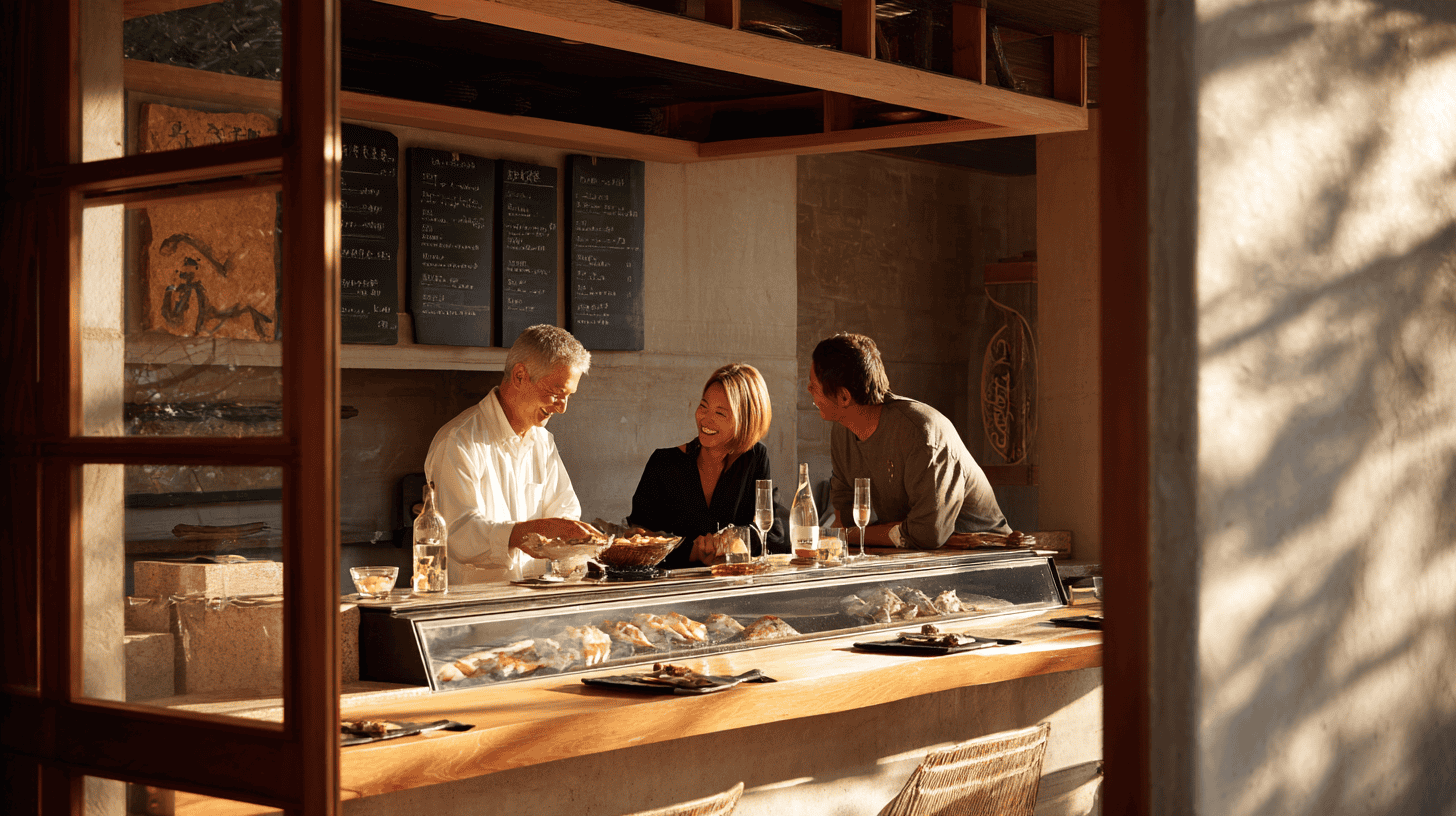 Private tours in Japan at the table: guests of mixed ages at a sunlit wooden counter as the chef grills over charcoal