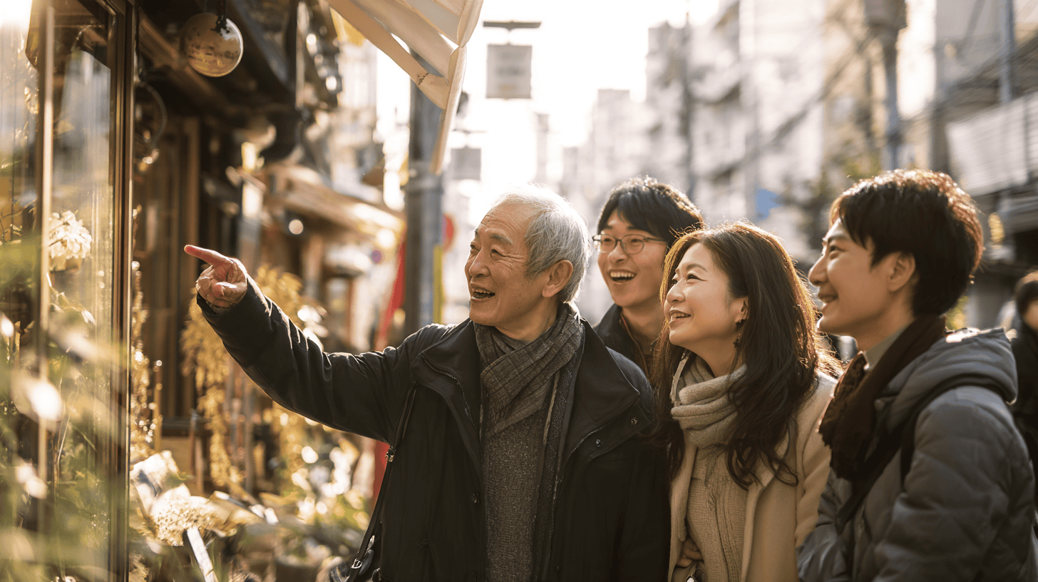 Private tours in Japan on foot: a guide in her thirties leading a three-generation family along a lively Tokyo shopping street, gesturing toward a craft shop window