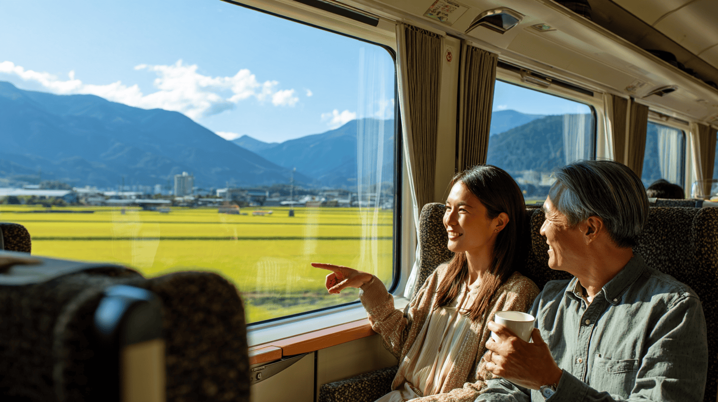 A man in his sixties and his adult daughter in wide reclining seats on a Japanese bullet train, sharing a coffee and pointing at sunlit rice fields and blue mountains through the window