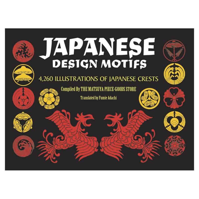 Japanese Design Motifs: 4,260 Illustrations of Japanese Crests, a Dover paperback with red and gold crests on the cover