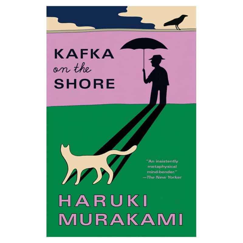 The cover of Kafka on the Shore by Haruki Murakami with a figure holding an umbrella and a cat