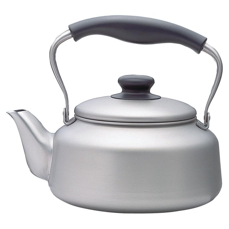 A brushed stainless steel kettle by Sori Yanagi with a curved handle, made in Japan