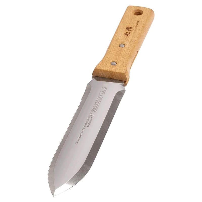A Nisaku hori hori stainless steel weeding knife with a wooden handle