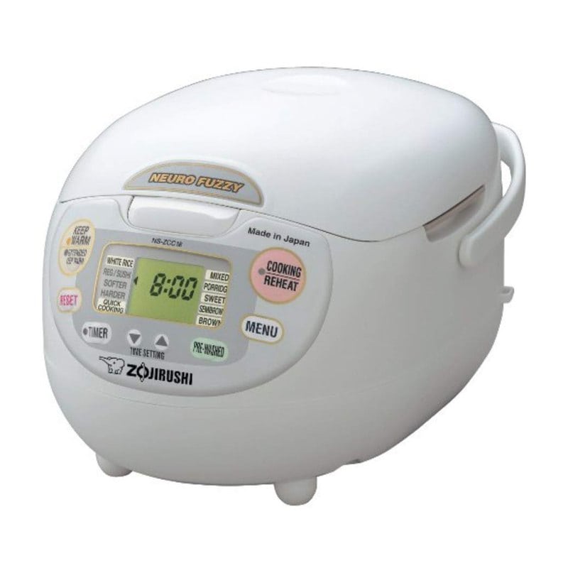 A white Zojirushi Neuro Fuzzy 10-cup rice cooker with a digital panel