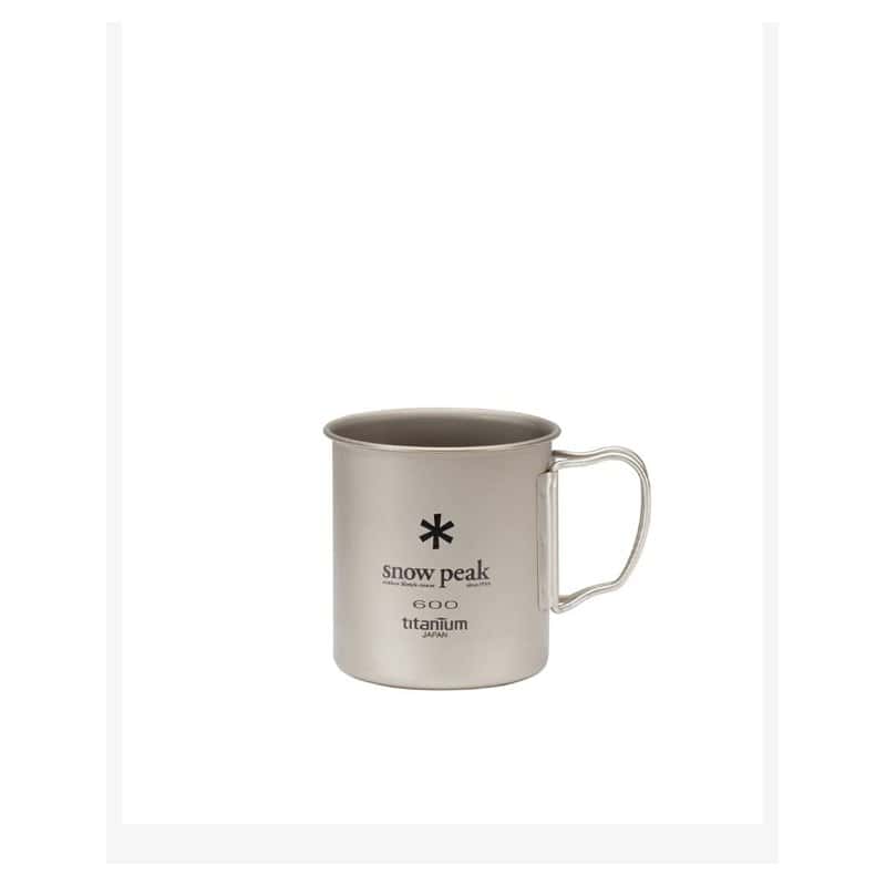 A Snow Peak titanium single wall mug with folding handles on a white background