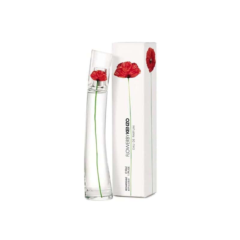A tall Flower by Kenzo perfume bottle with a red poppy, beside its white box