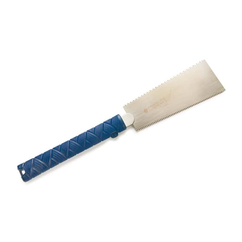 A Gyokucho ryoba saw with a blue wrapped handle and a blade toothed on both edges