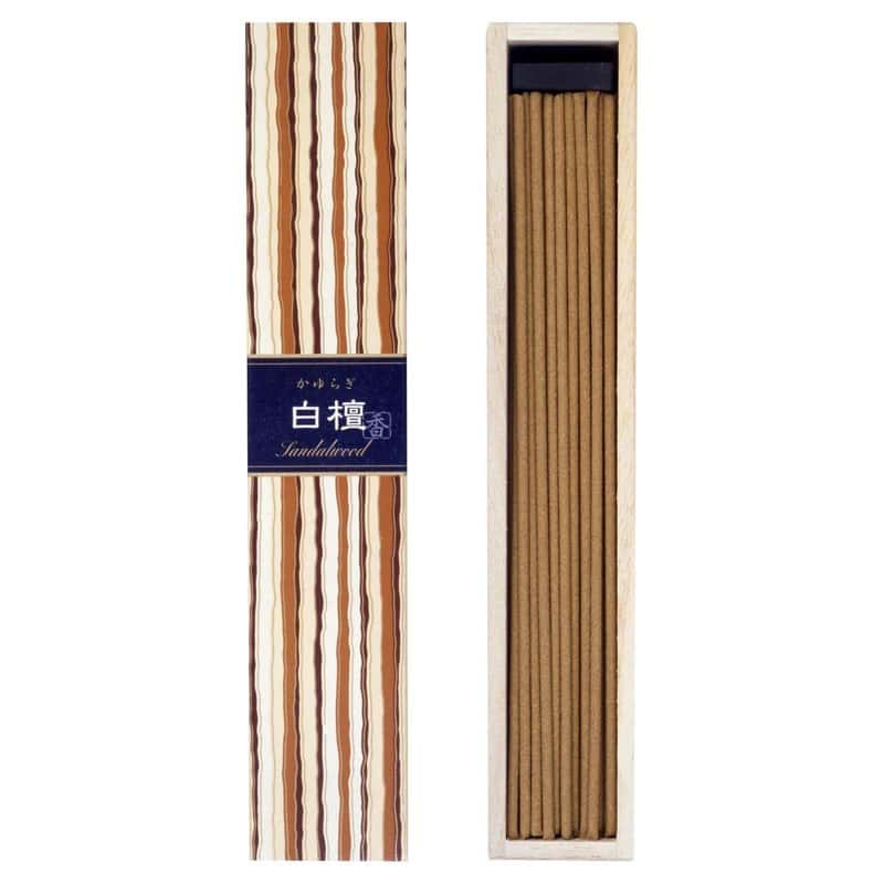 A tall box of Nippon Kodo Kayuragi sandalwood incense sticks with a striped wrapper