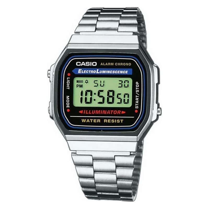 A silver Casio A168 digital watch with a steel bracelet and illuminator light