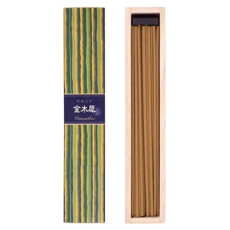 A box of Nippon Kodo Kayuragi osmanthus fragrance sticks with a pale orange label