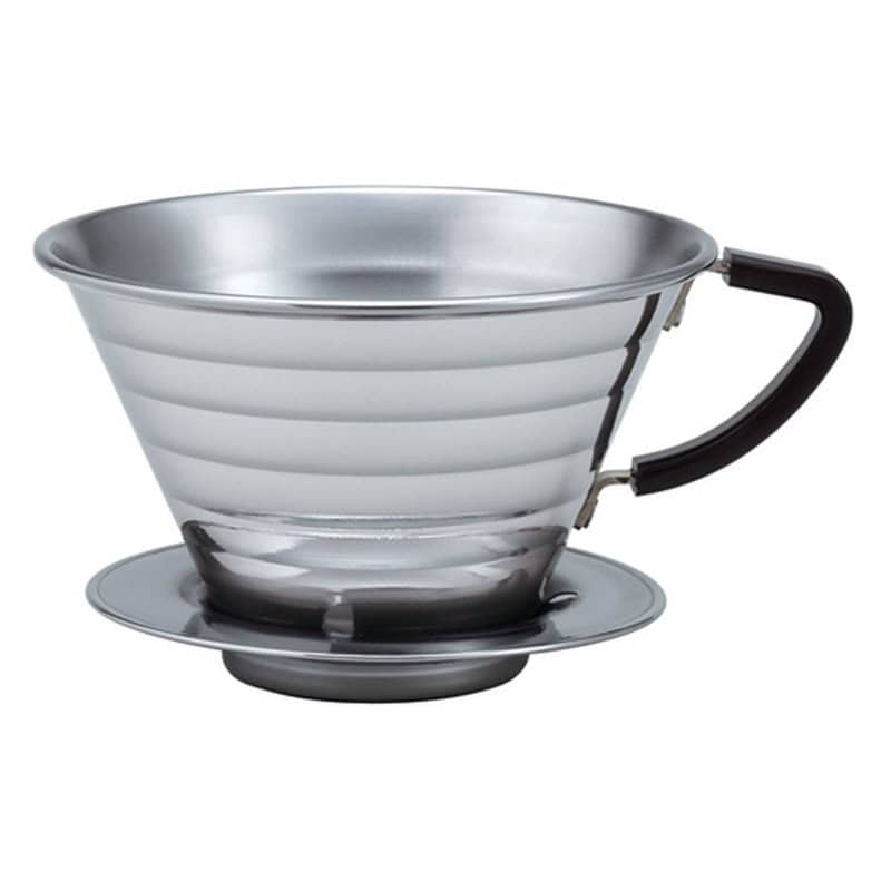 A stainless steel Kalita Wave 185 coffee dripper with wave-shaped sides