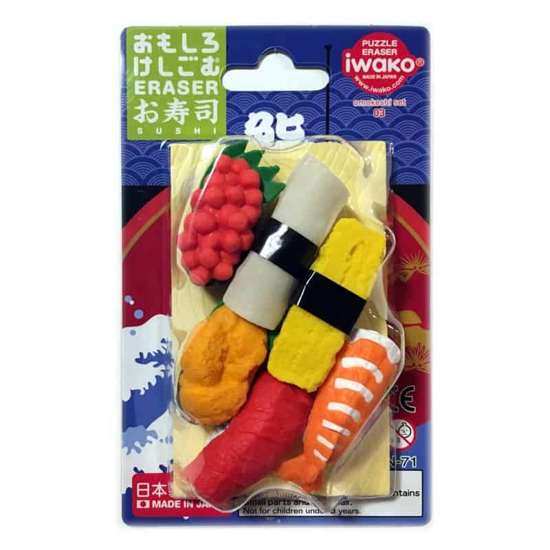 A blister pack of Iwako Japanese erasers shaped like pieces of sushi