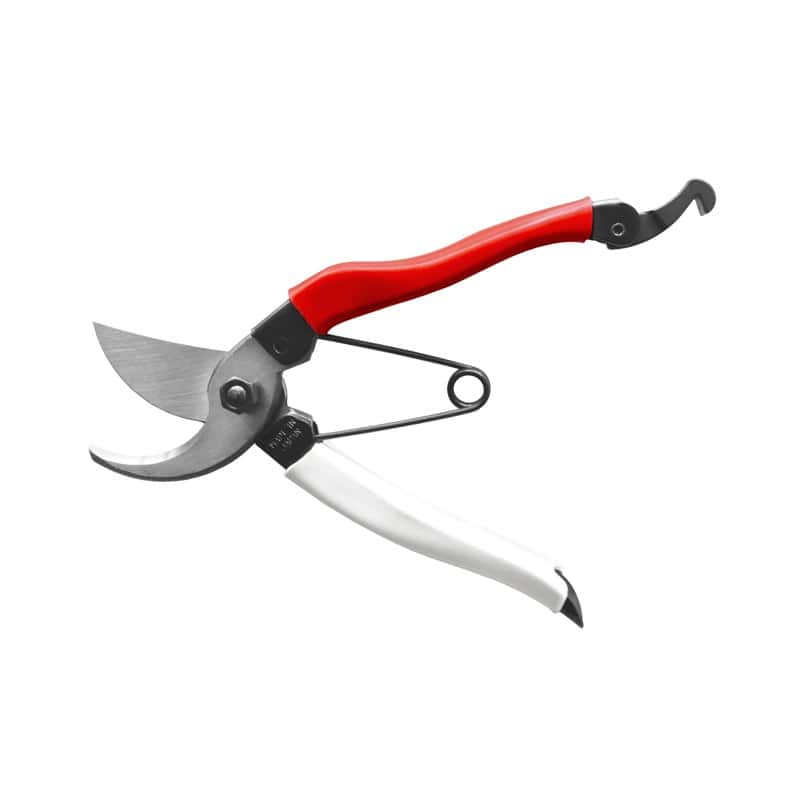 Okatsune bypass pruners with red and white handles and a curved steel blade