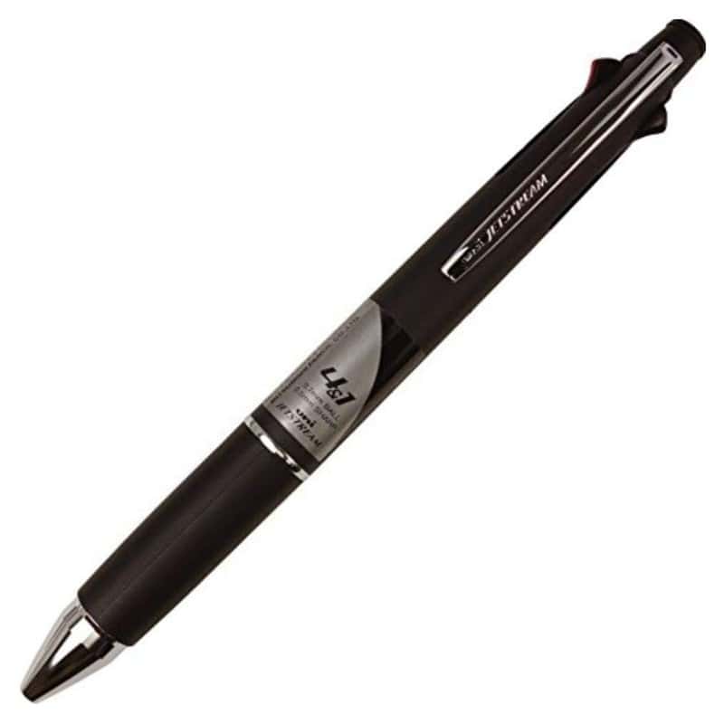 A black Uni Jetstream 4&1 multi pen with four ink colors and a pencil