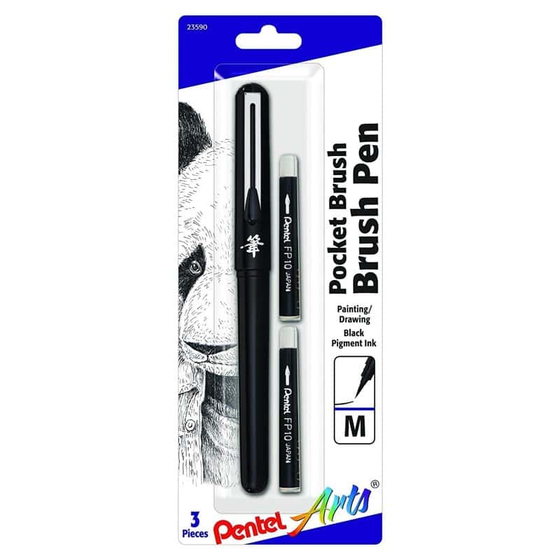 The Pentel Arts Pocket Brush Pen in black with two refill cartridges