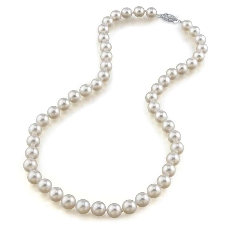 A 24-inch strand of white Japanese akoya pearls with a gold clasp