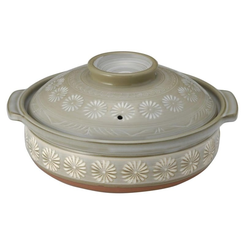A gray Ginpo Banko ware donabe clay pot with lid, made in Japan, for four to five people