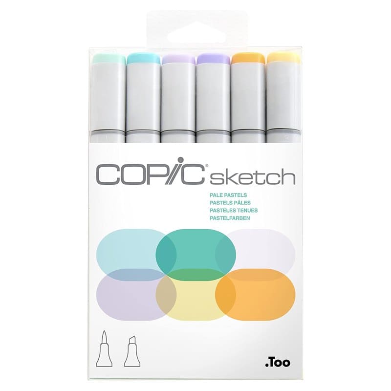 Six Copic Sketch dual-tip alcohol markers in pale pastel colors
