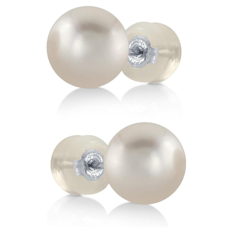 A pair of round white Japanese akoya pearl stud earrings set in 14K gold
