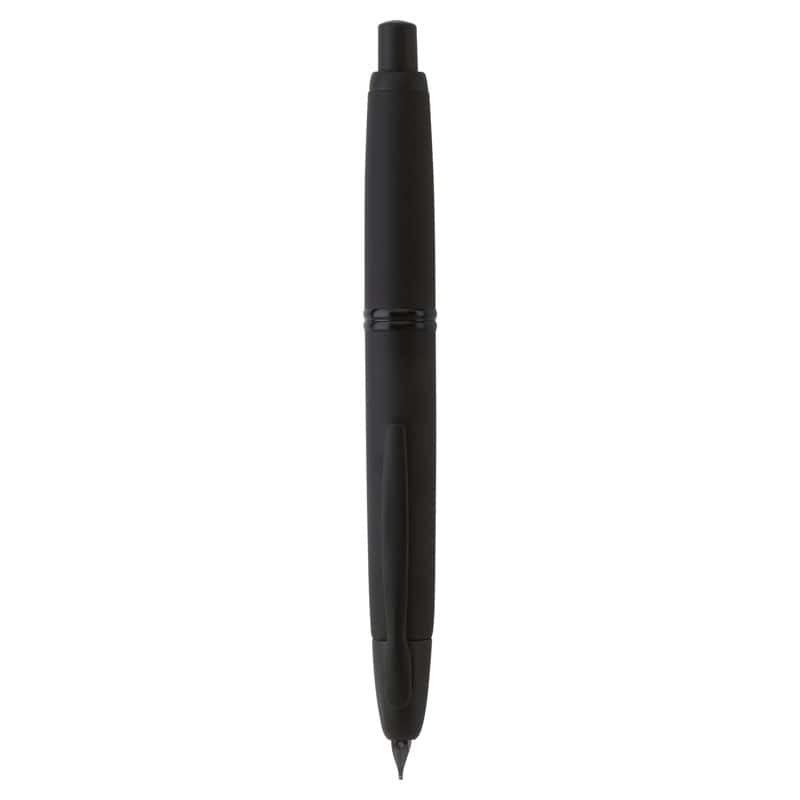 A matte black Pilot Vanishing Point fountain pen with a retractable nib