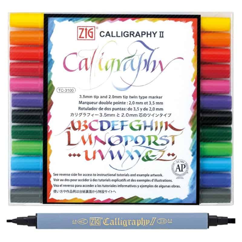 A set of twelve Kuretake ZIG calligraphy markers in a fan of colors