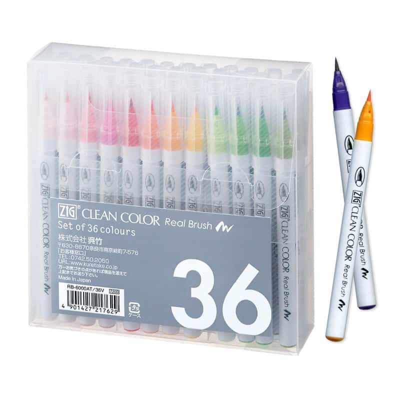 A box of thirty-six Kuretake Zig Clean Color Real Brush markers in a clear case