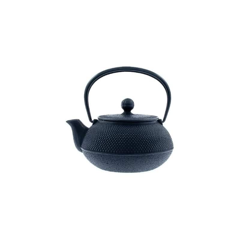 A black Iwachu cast iron tetsubin teapot with a hobnail pattern and a mesh infuser
