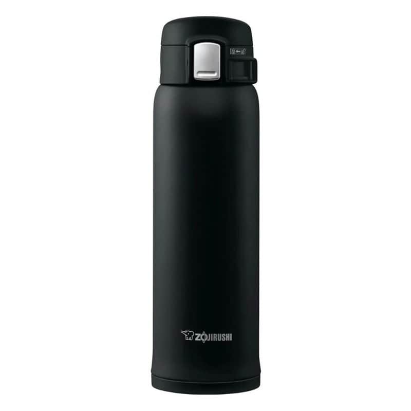A black Zojirushi stainless steel vacuum insulated travel mug with a flip lid