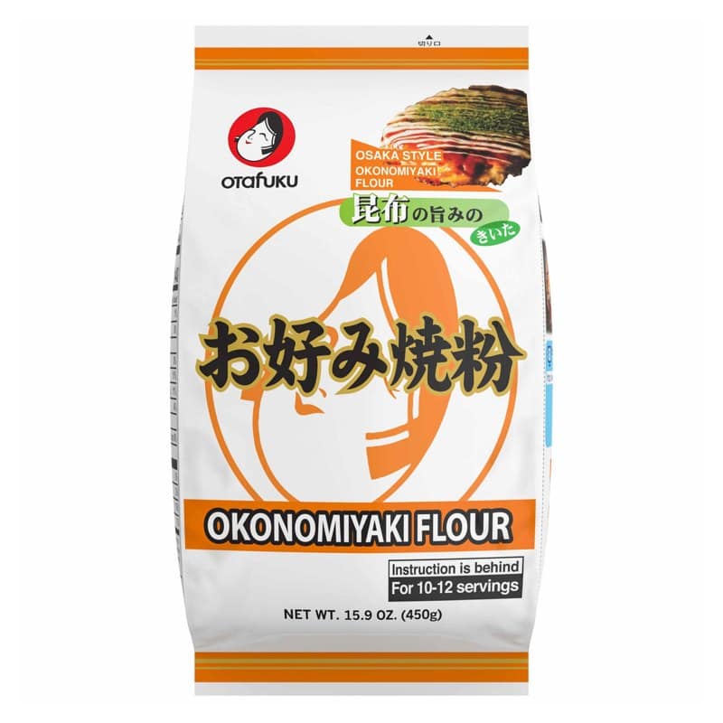 A bag of Otafuku Osaka-style okonomiyaki flour with a drawing of a pancake