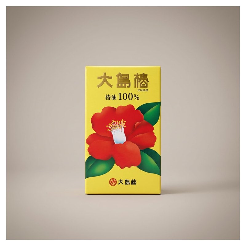 A yellow box of Oshima Tsubaki camellia hair oil printed with a red camellia flower