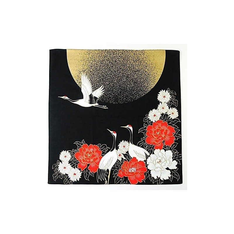 A square cotton furoshiki printed with cranes flying across a full moon