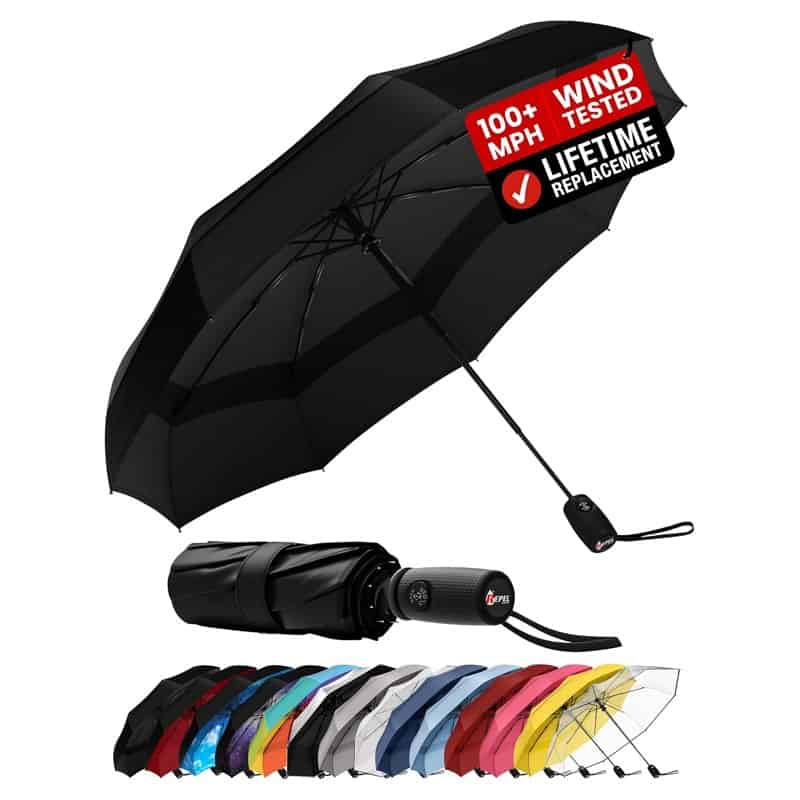 A black Repel windproof compact travel umbrella, open