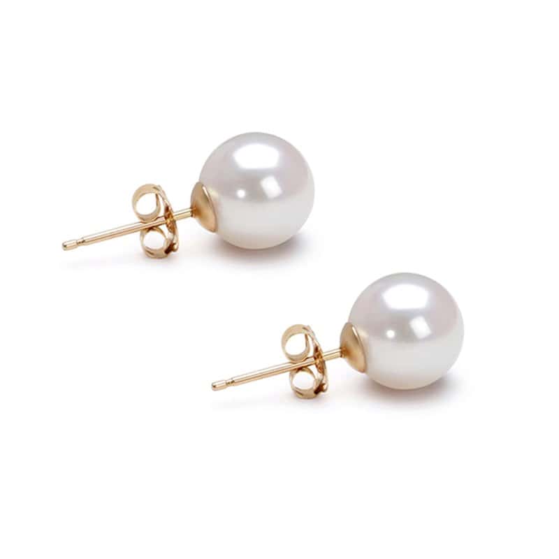 A pair of round white Japanese akoya pearl stud earrings with gold posts