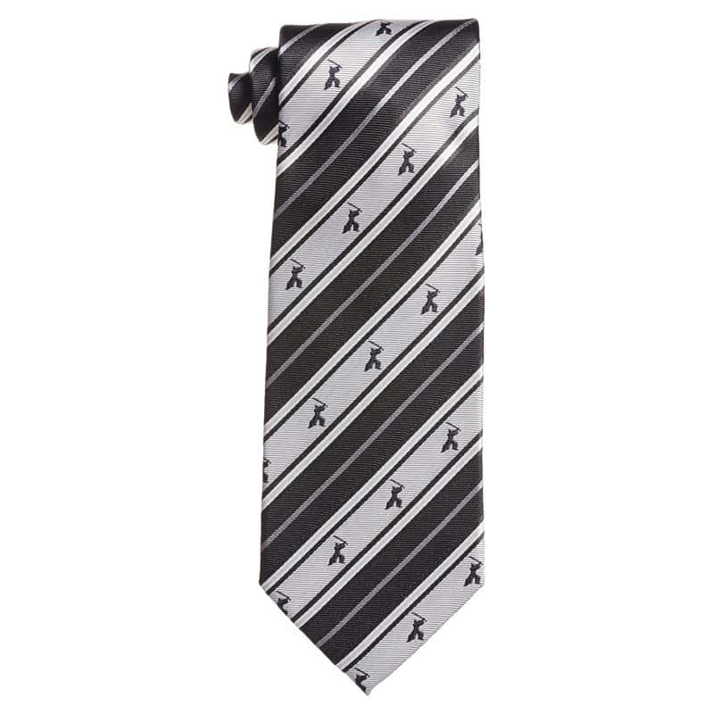 A navy and red Nishijin silk jacquard tie with a samurai stripe pattern, made in Japan