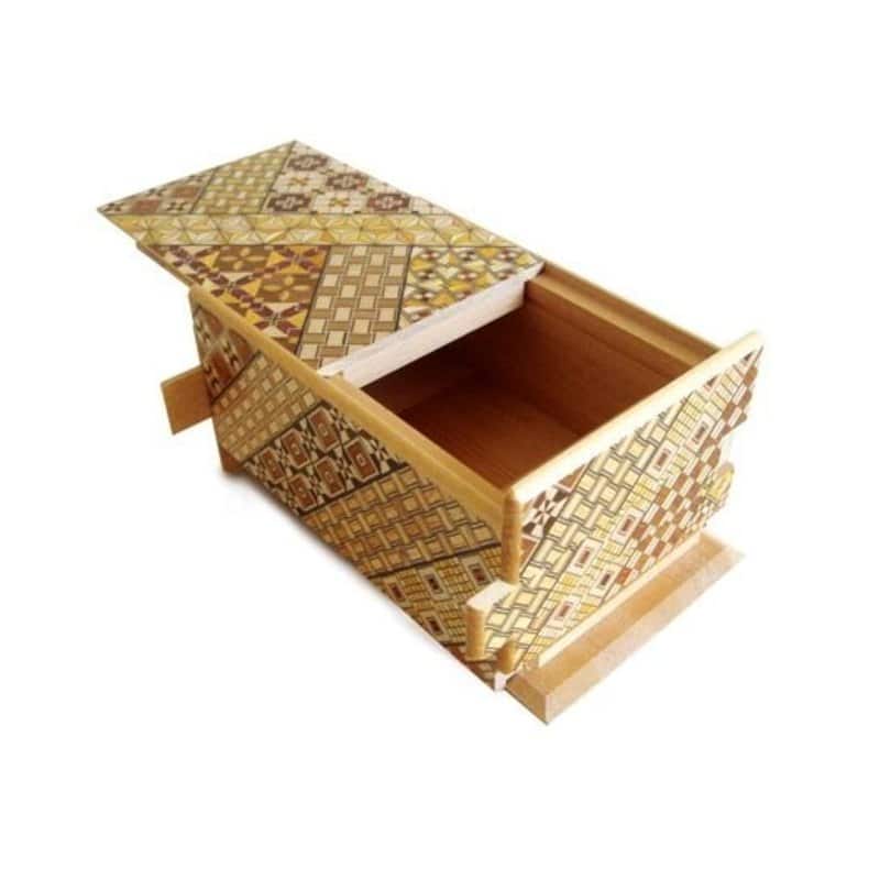 A Hakone yosegi puzzle box with geometric marquetry in light and dark woods